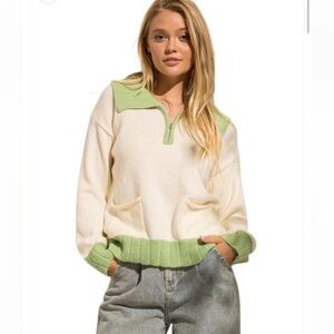 Papermoon V-Neck Sweater in Cream and Light Green